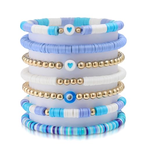 Yowivon Blaue Preppy Perlen Armbänder Nette Freundschaftsarmbänder Böses Auge Herz Clay Bead Armband Stapelbar Sommer Strand Surfer Schmuck für Frauen Teen Geschenke von Yowivon