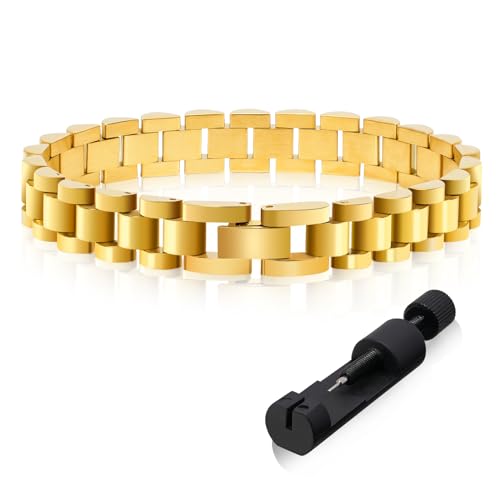 Yowivon Chunky Goldarmband Verstellbares Uhrenarmband Armspange Armbänder Nicht anlaufend Rostfreier Stahl Goldgefüllt Modeschmuck für Frauen Männer von Yowivon