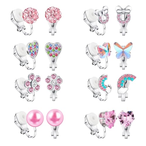 Yowivon Clip on Ohren für Mädchen Frauen, Zirkonia Ohrenklammern für nicht durchbohrte Ohren, Perle Herz Regenbogen Schmetterling Blume Cute Clip on Ohrring Set Schmuck Geschenk, 8 Pairs, Silber von Yowivon