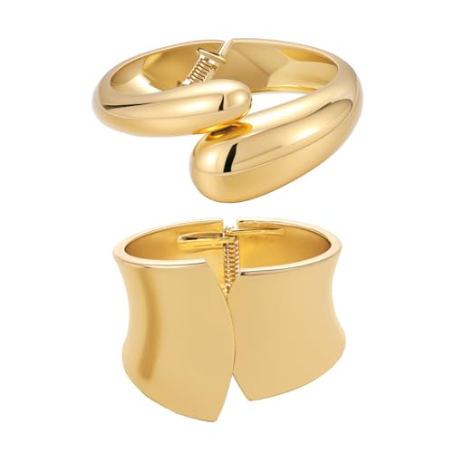 Yowivon Gold Armband für Frauen, 2PCS Teardrop Chunky Armbänder Set, Scharnier Offen Bracelet Stack für Frauen, Anlaufsicher Armreifen, Modisch Schmuck Geschenke für Weihnachten Valentin Geburtstag von Yowivon