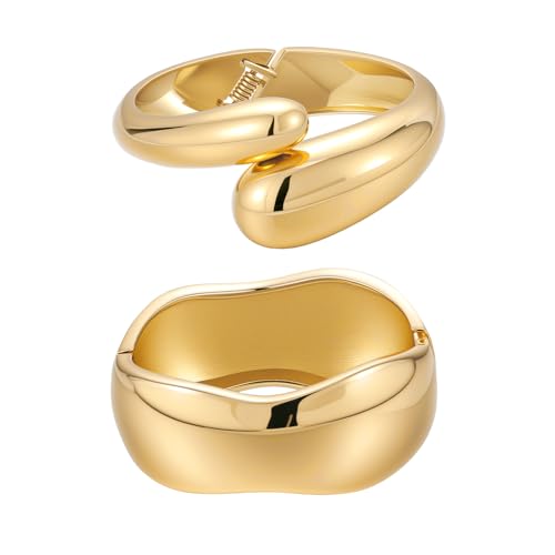 Yowivon Gold Armband für Frauen, 2PCS Teardrop Chunky Gold Armbänder Set, Scharnier Unregelmäßig Bracelet Stack Frauen, Anlaufsicher Dick Modisch Schmuck Geschenke für Weihnachten Valentin Geburtstag von Yowivon