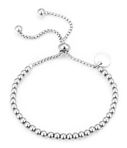 Yowivon Silbernes Armband, Verstellbare Perlenarmbänder mit Schieber, Trendiges Armband mit Runden Anhängern, Edelstahl und Anlaufbeständig, Modeschmuck-Geschenke für Frauen von Yowivon