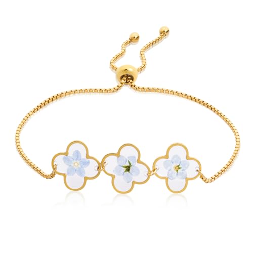 Yowivon Vergissmeinnicht-Armband, Handgefertigtes gepresstes Blumenarmband mit verstellbarem Schieber, Zierlich Edelstahl Anlaufen frei Goldschmuck, Geschenk für Frauen Ihre Brautjungfer von Yowivon