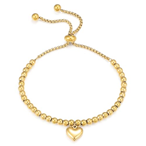 Yowivon Vergoldetes Armband, Verstellbare Perlenarmbänder mit Schieber, Trendiges Armband mit Herzanhänger, Edelstahl und Anlaufbeständig, Modischer Goldschmuck Geschenke für Frauen von Yowivon