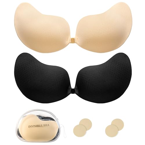 2er-Pack Klebe BH Push up Damen - Trägerloser Selbstklebender BHS mit Schwarz & Hauttöne, Sticky Strapless Bra Push up, Unsichtbarer BH für Dirndl, Rückenfreie Kleider und Abendkleid(Größe C) von Yowrepu
