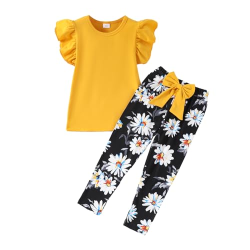 Yoxindax 2-teiliges Outfit-Set für Kleinkinder, Kinder, Mädchen, leger, fliegende Ärmel, Oberteil, Blumendruck, Hose, Gelb - A, 5-6 Jahre von Yoxindax