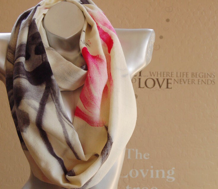 Geschenk Für Sie. 100% Wolle Endlosschal, Süßer Grauer Mit Heißem Rosa Druckdruckschal, Frau.handgemachter Wollschal, Moderner Wollschal von YoyoVintageLife