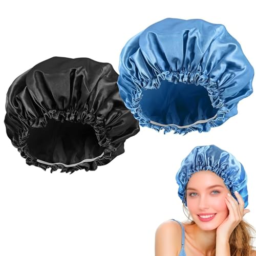 2 Stück Satin Damen Duschhaube Wasserdichte Haarhaube für Frauen Mädchen Elastische Wiederverwendbar Shower Cap für Baden Spa Salon Makeup (Schwarz+Blau) von Yphzmtz