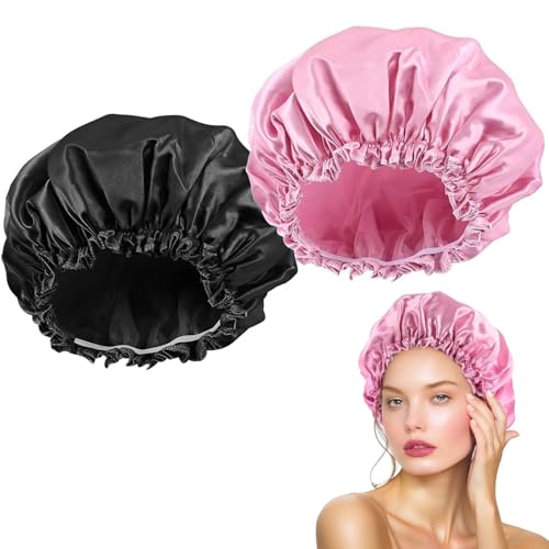 2 Stück Satin Damen Duschhaube Wasserdichte Haarhaube für Frauen Mädchen Elastische Wiederverwendbar Shower Cap für Baden Spa Salon Makeup von Yphzmtz