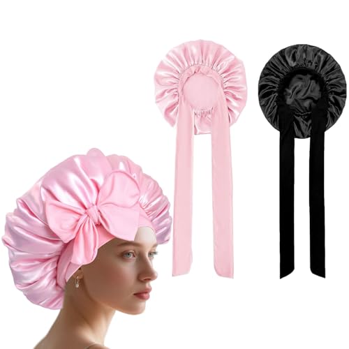 2 Stück Satin Duschhaube Seidenhauben mit Haargummis – Verstellbare Schlafhauben Breite Bonnet Sleep Cap für Damen & Mädchen – Elastisch, Weich & Haarschutz bei Nacht von Yphzmtz