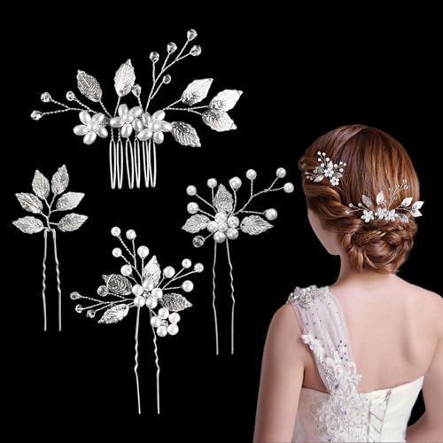 4 Stück Haarschmuck, Blatt Braut Hochzeit Haarnadeln, Perle Blume Haarkamm, Strass Brautschmuck fürfür Frauen und Mädchen (Silber) von Yphzmtz