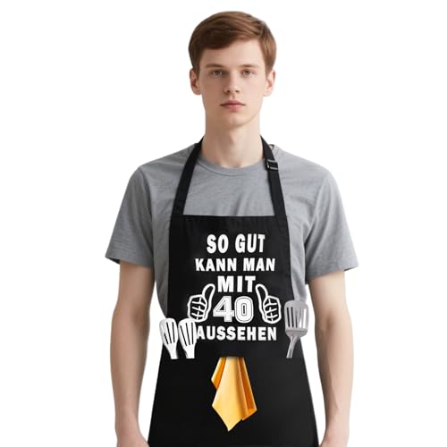 40. Geburtstag Geschenk für Männer | Verstellbare Koch- & Grillschürze | Schwarz, wasserdicht & 3 Vordertaschen | Lustige Dekoration für Grillpartys | Baumwollschürze ideal für Küche & Outdoor-Grillen von Yphzmtz