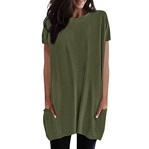 Damen Lang Shirt Rundhals Kurzarm Oberteil Einfarbig Damen T-Shirt Tunika Loose Casual Kurzarmshirt mit Tasche Elegant Pullover Sweatshirt Lässig Tops Rundkragen Oversize Longshirt von YpingLonk