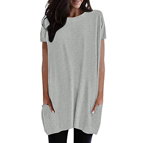 Damen Lang Shirt Rundhals Kurzarm Oberteil Einfarbig Damen T-Shirt Tunika Loose Casual Kurzarmshirt mit Tasche Elegant Pullover Sweatshirt Lässig Tops Rundkragen Oversize Longshirt von YpingLonk