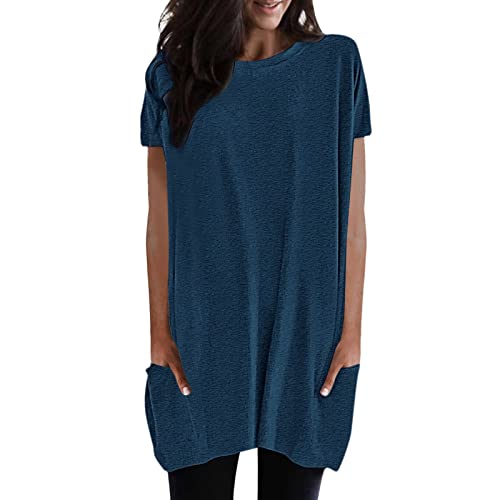 Damen Lang Shirt Rundhals Kurzarm Oberteil Einfarbig Damen T-Shirt Tunika Loose Casual Kurzarmshirt mit Tasche Elegant Pullover Sweatshirt Lässig Tops Rundkragen Oversize Longshirt von YpingLonk