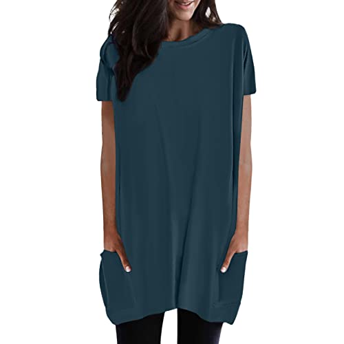 Damen Lang Shirt Rundhals Kurzarm Oberteil Einfarbig Damen T-Shirt Tunika Loose Casual Kurzarmshirt mit Tasche Elegant Pullover Sweatshirt Lässig Tops Rundkragen Oversize Longshirt von YpingLonk