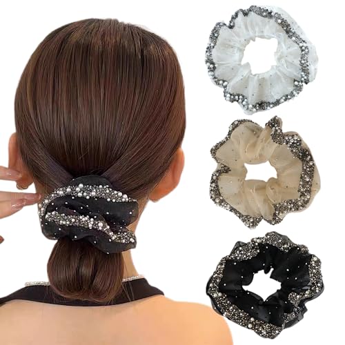 3 Stück Haargummi Damen mit Strass Und Perlen Scrunchie Einfarbig Glänzend Gummibänder Pferdeschwanz Halter Frauen Mädchen Haarschmuck (Schwarz,Weiß,Champagner) von Ypkia