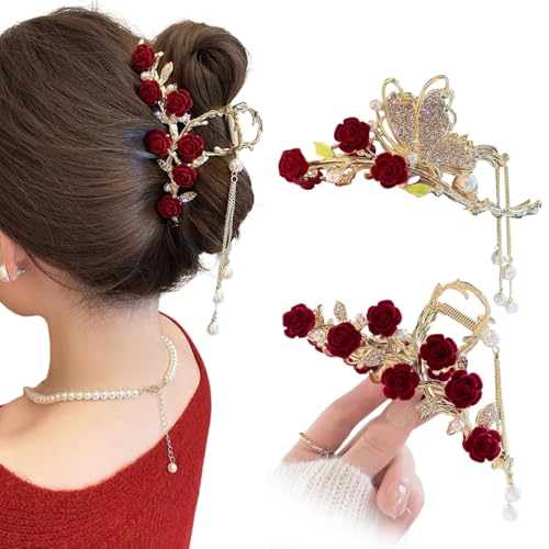 Ypkia 2 Stück Blumen Haarklammer Groß Gold Schmetterling Haarspangen Damen Metall mit Quaste Haarclip Für Frauen Mädchen Dickes Haarschmuck von Ypkia