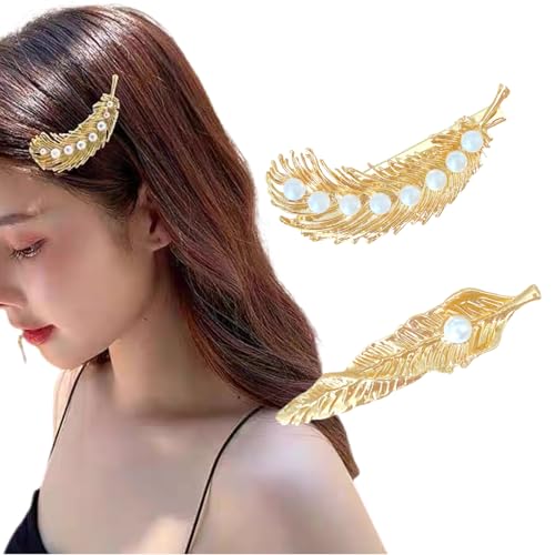 Ypkia 2 Stück Feder Haarklammern mit Perlen Metall Haarspangen Damen Blatt Haarnadeln Elegant Haarschmuck für Mädchen Mädchen (gold) von Ypkia