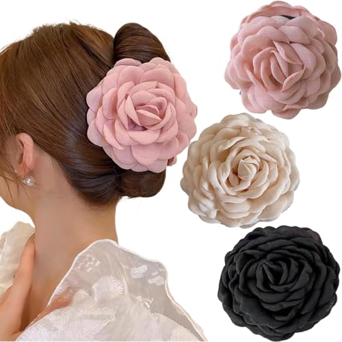 Ypkia 3 Stück Große Rose Haarklammer Blume Haarspangen Damen set Groß Haarkrallen Clips Haar-accessoires Für Frauen Mädchen（Schwarz, Beige, Hellrosa） von Ypkia