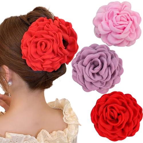 Ypkia 3 Stück Große Rose Haarklammer Blume Haarspangen Damen set Groß Haarkrallen Clips Haar-accessoires Für Frauen Mädchen（rot, lila, rosa） von Ypkia