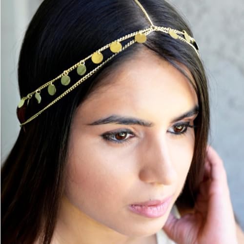 Ypkia Kopfkette Gold Pailletten Quaste Haarkette Boho Braut Kopfschmuck Stirnband Festival Zubehör für Frauen Und Mädchen (gold-2) von Ypkia