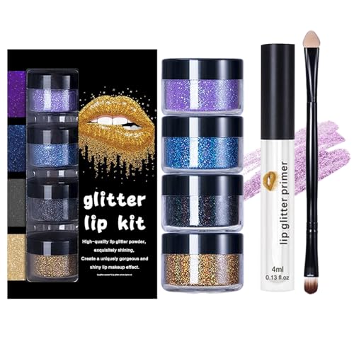 Yplkm Lip Glitter Set - Langhaftendes Glitzer Lippenpuder mit Primer & Pinsel - Glänzendes Frauen Make-up für Reise Partys Halloween Familientreffen von Yplkm