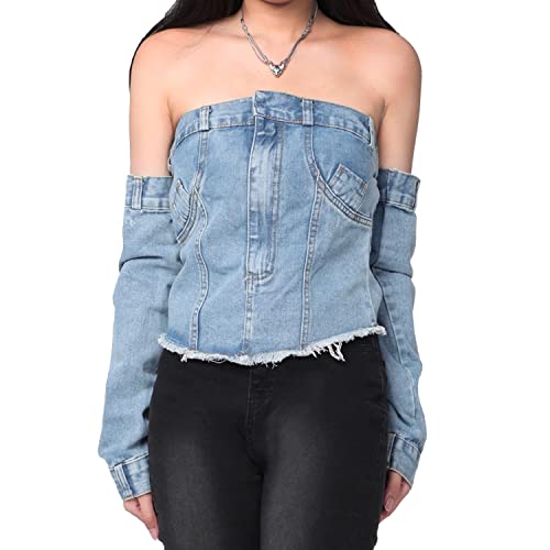 Ypser Damen Denim Korsett Top Denim Top Push Up Bustier Tube Top mit Denim Handschuhen Streetwear, blau2, 36 von Ypser