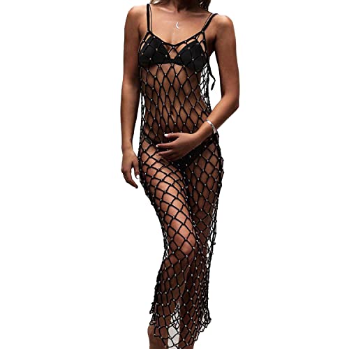 Ypser Damen Fischnetz Cover Up Kleid Strass Lang Maxikleid Strand Häkeln Bikini Coverup, Schwarz, M/L von Ypser