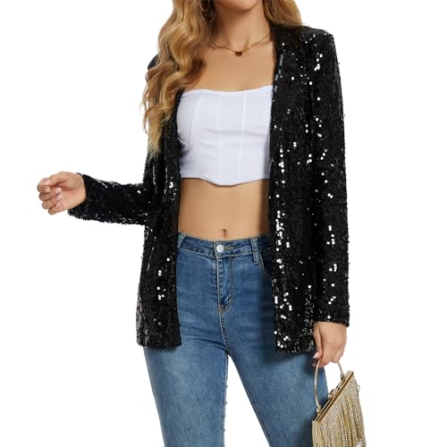 Ypser Damen Pailletten Blazer Open Front Sparkle Jacke Glitzer Mantel für Abend Party, Schwarz , XL-XXL von Ypser