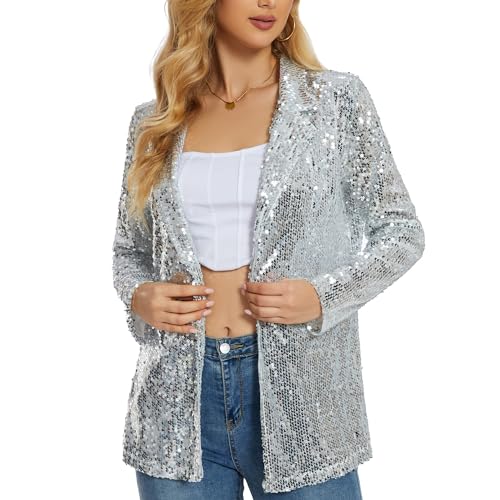 Ypser Damen Pailletten Blazer Open Front Sparkle Jacke Glitzer Mantel für Abend Party, silber, XL-XXL von Ypser