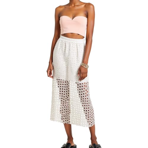 Ypser Damen Sommer Hollow Out Strand Maxi Rock Ösen Casual Lange Rock mit Unterseite für Strand Vertuschen oder Alltag, weiß, L-XL von Ypser