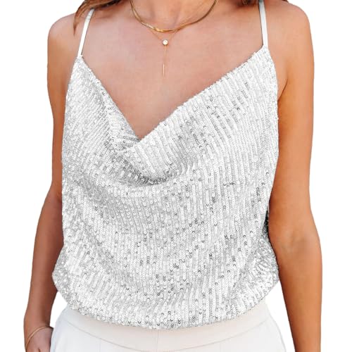 Ypser Damen-Tanktop mit Pailletten, ärmellos, Spaghettiträger, Wasserfallkragen, Glitzer, Tanktop, silber, M/L von Ypser