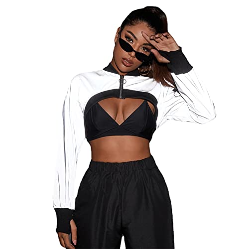 Ypser Reflektierendes Rave Top Crop Top Shrug Techwear Shirt Rave Outfits für Damen, silber, Medium-Large von Ypser