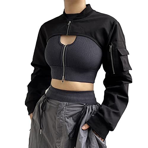 Ypser Reflektierendes Rave Top Crop Top Shrug Techwear Shirt Rave Outfits für Damen, Schwarz, Large-X-Large von Ypser