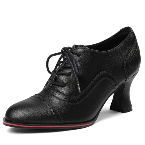 Yremael Damen Oxfords Kleid Wingtip Vintage Bequem Chunky High Heel Lace Up Brogues Booties, 1 Schwarz, 37.5 EU von Yremael
