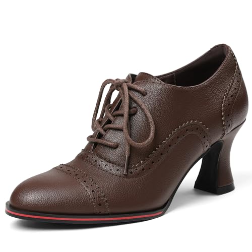 Yremael Damen Oxfords Kleid Wingtip Vintage Bequem Chunky High Heel Lace Up Brogues Booties, 1 x Braun, 38.5 EU von Yremael