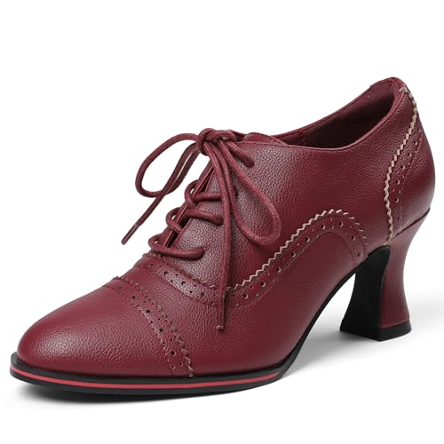 Yremael Damen Oxfords Kleid Wingtip Vintage Bequem Chunky High Heel Lace Up Brogues Booties, 1 x Rot, 37 EU von Yremael