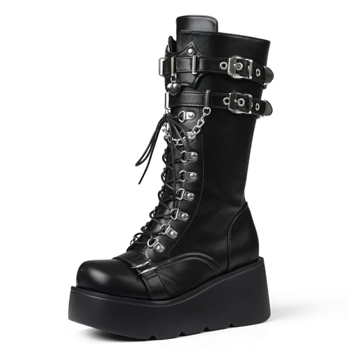 Yremael Damen schwarze Plateau-Stiefel mit Keilabsatz Combat Gothic Chunky Heel Schnürschuh Mid Calf Punk Motorradschuhe, 1 Schwarz, 37 EU von Yremael