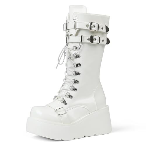 Yremael Damen schwarze Plateau-Stiefel mit Keilabsatz Combat Gothic Chunky Heel Schnürschuh Mid Calf Punk Motorradschuhe, 2 White Patent, 37 EU von Yremael