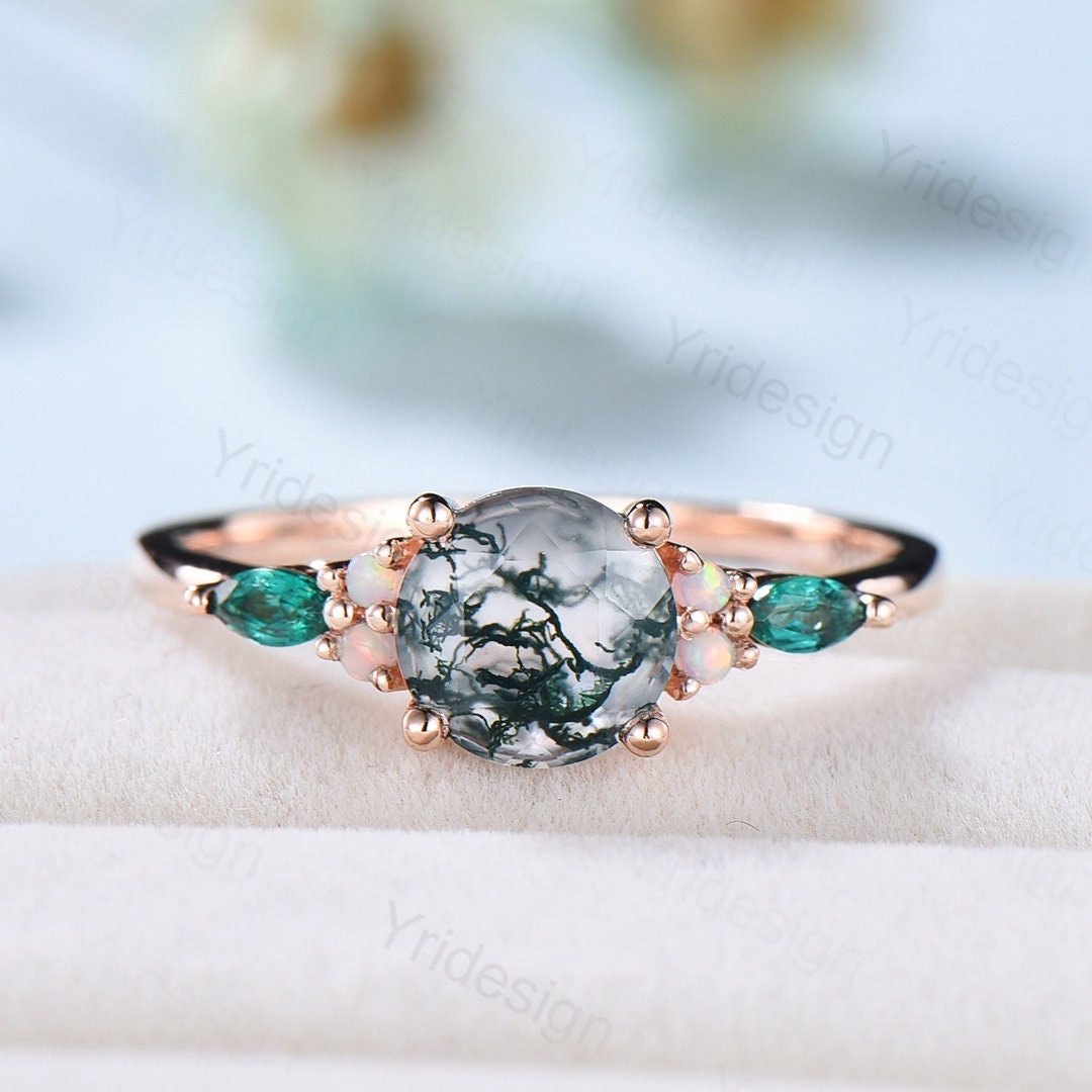 1 Karat Vintage Einzigartiger Moos Achat Verlobungsring Rose Gold Und Opal Smaragd Ring Art Deco Ehering Jubiläum Braut von Yridesign