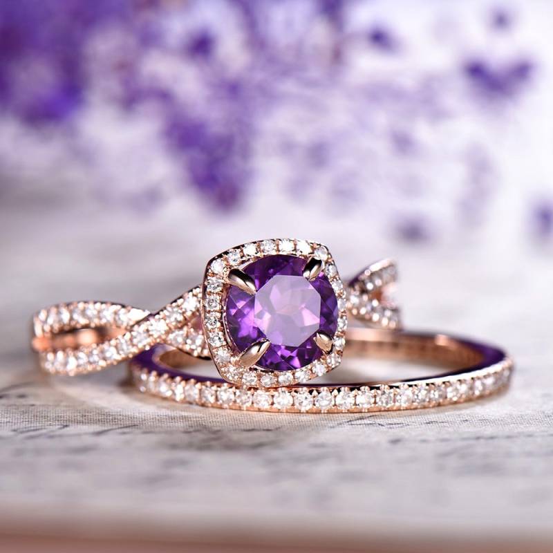 Amethyst Verlobungsring Set, 14K Rose Gold, Pave Diamant Ehering von Yridesign