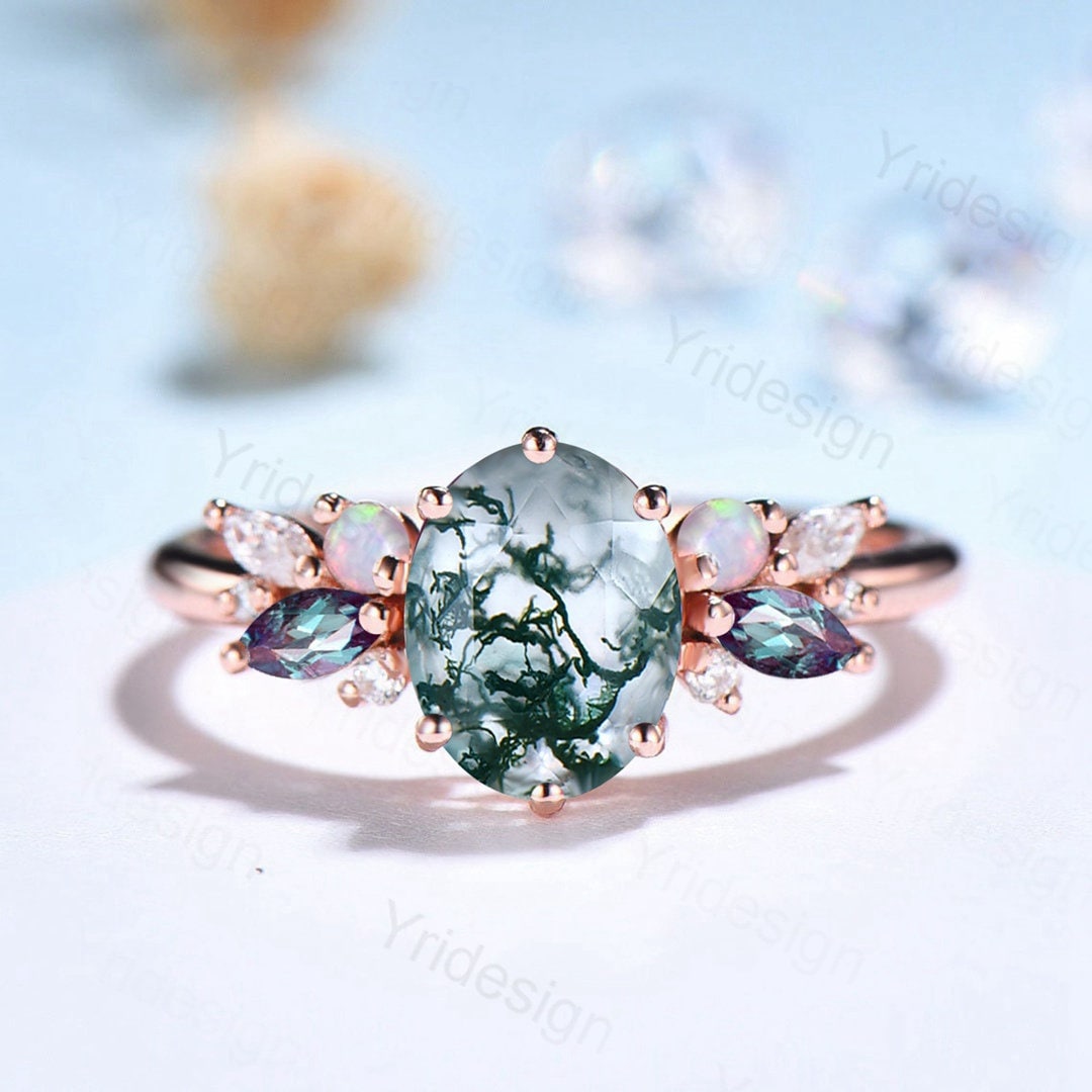 Einzigartige Moosachat Verlobungsring Frauen Alternative Alexandrit Opal Ehering Vintage Natur Inspiriert Cluster Moissanite Versprechen Ring von Yridesign