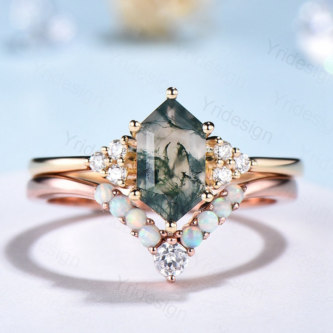 Einzigartiger Hexagon Moissachat Ring Frauen Vintage Grüner Moosachat Verlobungsring Set Opal Moissanite Hochzeit Jubiläum Versprechen von Yridesign