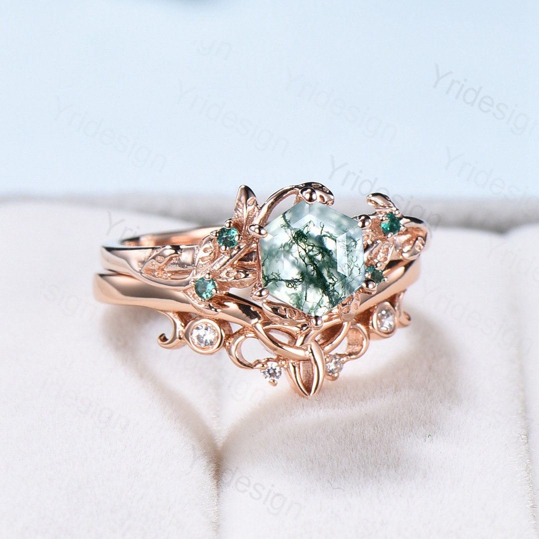 Elegante Moos Achat Verlobungsring Set Vintage Einzigartige Aquatic Hochzeit Rose Gold Cluster Smaragd Versprechen Ring Frauen Braut von Yridesign