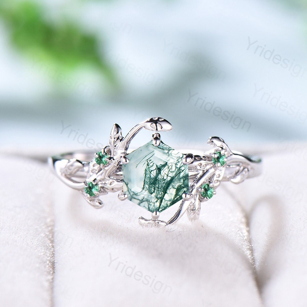 Eleganter Moosachat-Ring, Einzigartiger Vintage-Zweig-Verlobungsring, Blatt-Cluster, Smaragd-Hochzeitsring Für Frauen, Grüner Edelstein, Natürlich von Yridesign