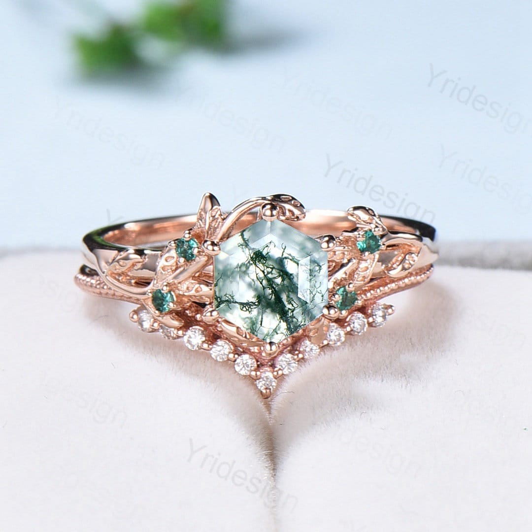 Eleganter Sechseck Moosachat Ring Set Vintage Unikat Aquarierter Achat Verlobungsring Rose Gold Cluster Smaragd Ehering Frauen Braut von Yridesign