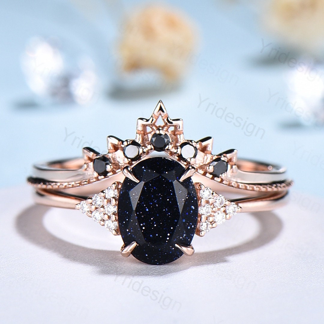 Ovaler Blauer Sandstein Verlobungsring Set Cluster Moissanit Galaxy Vintage Unikat Ehering Schwarz Diamant Versprechend Ring Für Frauen von Yridesign