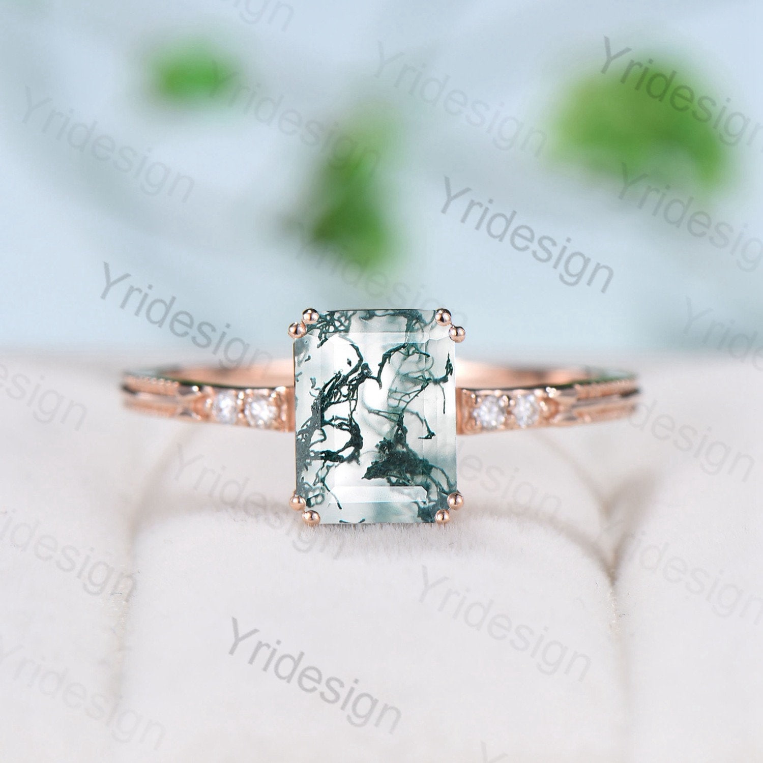 Smaragd Schliff Moosachat Diamant Ring Rose Gold Minimalistisch Zierlicher Grüner Achat Verlobungsring Fünf Stein Milgrain Frauen Jahrestag von Yridesign