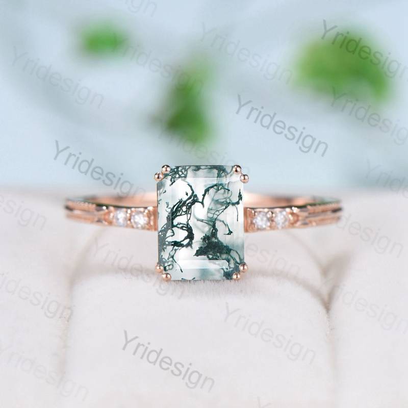 Smaragd Schnitt Moss Achat Diamant Ring Rose Gold Minimalist Zierliche Grün Verlobungsring Fünf Stein Milgrain Frauen Jubiläum von Yridesign
